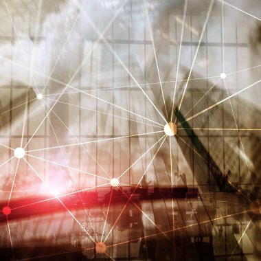 Bulanık gökdelenlerin arkaplanındaki engelleme ağı. Finansal teknoloji ve iletişim konsepti.