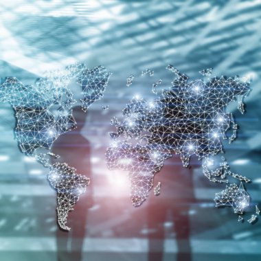 Küresel Dünya Double Exposure ağ. Telekomünikasyon, uluslararası iş Internet ve teknoloji kavramı.