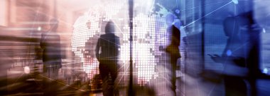 Çift Pozlama karışık ortam. 3D dünya gezegen hologram ve iletişim yapısı. Dünya geniş ağ ve küreselleşme kavramı.