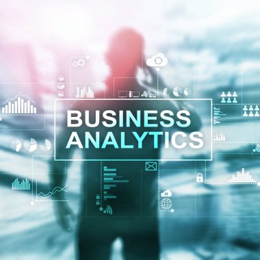İş analytics kavramı çift pozlama arka plan üzerinde.