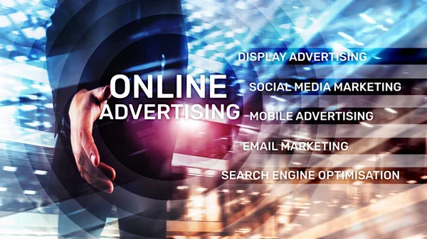 Online Werbung Digitales Marketing Geschäfts Und Finanzkonzept Auf Virtuellem Bildschirm — Stockfoto