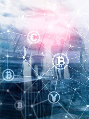 Çift Pozlama kavramı, Bitcoin ve blockchain. Dijital Ekonomi ve döviz ticareti. Arka kapak tasarım dikey biçimi.