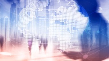 3D Dünya hologram üzerinde arka plan bulanık. Küresel iş ve iletişim kavramı.