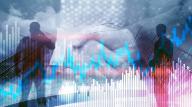 Bulanık ofis merkezi arkaplanındaki borsa şamdanı şeması ve şemalar.