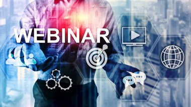 Webinar, kişisel gelişim ve e-öğrenme kavramı üzerinde bulanık arka plan.