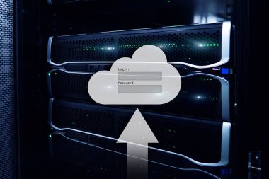 Bulut depolama, veri erişimi, Kullanıcı adı ve şifre talebi penceresini sunucu Oda arka plan üzerinde. Internet ve teknoloji kavramı.
