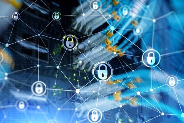 Siber güvenlik, bilgi gizliliği, modern sunucu odası arka planında veri koruma kavramı. İnternet ve dijital teknoloji kavramı.