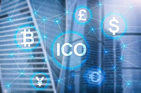 Ico Oferta Inicial Moeda Blockchain Criptomoeda Conceito Fundo Edifício Negócios — Fotografia de Stock