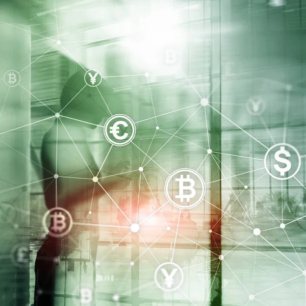 Double Exposure Bitcoin Blockchain Concept Digital Economy Currency Trading — Stock Photo, Image