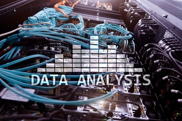 Big Data analysis text on server room background. Internet and modern technology concept.