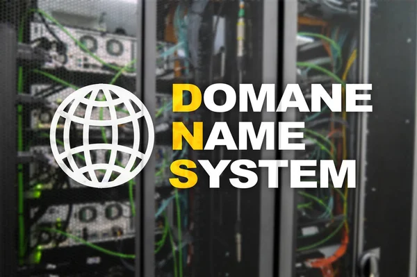 Dns - domain name system, server and protocol. Internet and digital technology concept on server room background.