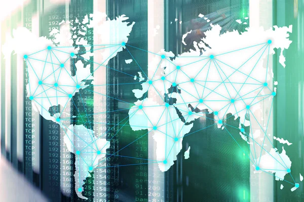 Concepto Internet Telecomunicaciones Con Mapa Del Mundo Fondo Sala Servidores — Foto de Stock