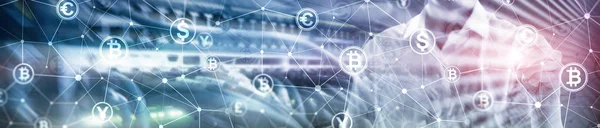 Концепция Двойной Экспозиции Bitcoin Blockchain Цифровая Экономика Валютная Торговля Баннер — стоковое фото