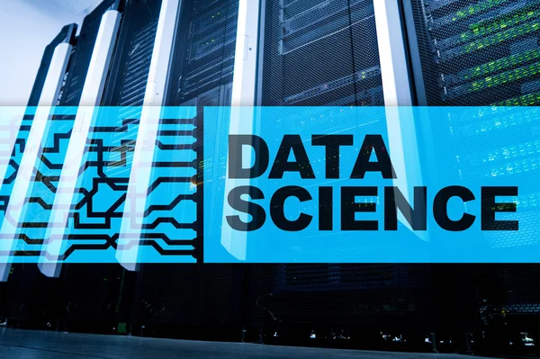 Data science, business, internet and technology concept on server room background.