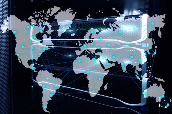 Internet and telecommunication concept with world map on server room background.