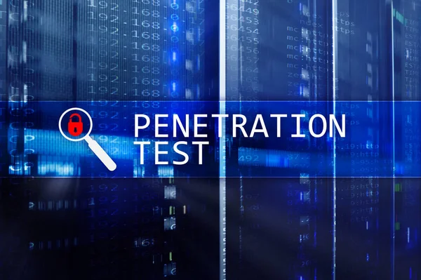 Penetration test. Cybersecurity and data protection. Hacker attack prevention. Futuristic server room on background. Server room data center