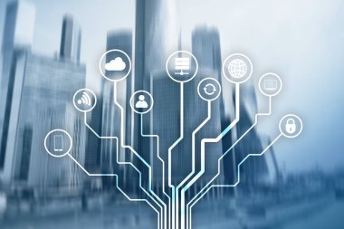 Bulanık iş merkezi zemin üzerine telekomünikasyon ve çok kavramı.