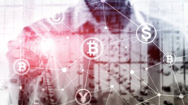 Çift Pozlama kavramı, Bitcoin ve blockchain. Dijital Ekonomi ve ticaret para.