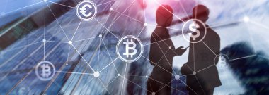 Çift Pozlama kavramı, Bitcoin ve blockchain. Dijital Ekonomi ve ticaret para.