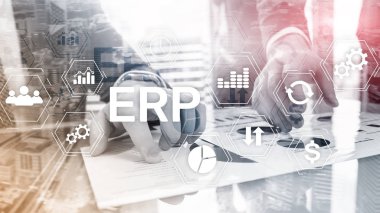 ERP sistemi, bulanık arka planda Atılgan kaynak planlaması. İş otomasyonu ve yenilik kavramı.