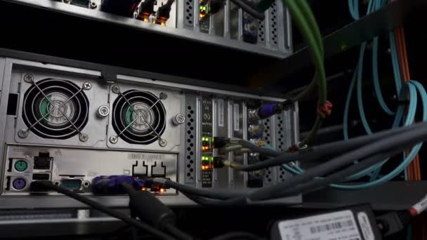 Задня Панель Потужних Серверів Встановлених Стійці Серверної Кімнати Центру Обробки — стокове відео