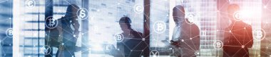 Çift Pozlama kavramı, Bitcoin ve blockchain. Dijital Ekonomi ve döviz ticareti. Web sitesi başlık banner