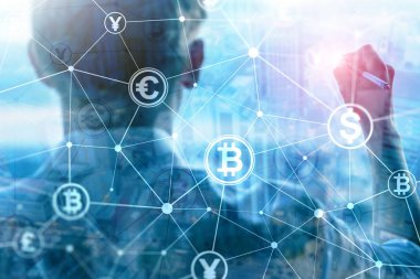 Çift Pozlama kavramı, Bitcoin ve blockchain. Dijital Ekonomi ve ticaret para