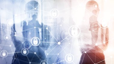 Siber güvenlik, bilgi gizliliği, modern sunucu odası arka planında veri koruma kavramı. İnternet ve dijital teknoloji kavramı.