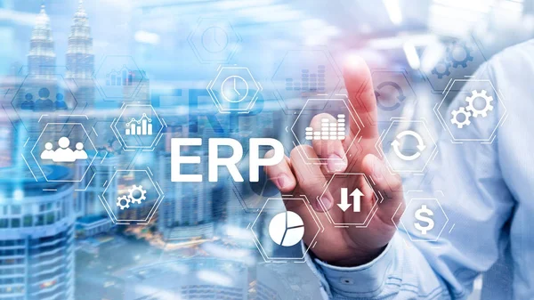 Sistema Erp Planificación Recursos Empresariales Sobre Fondo Borroso Concepto Automatización — Foto de Stock