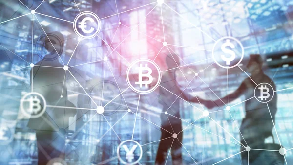 Double Exposure Bitcoin Und Blockchain Konzept Digitale Wirtschaft Und Devisenhandel — Stockfoto