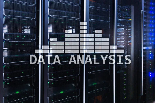 Big Data analysis text on server room background. Internet and modern technology concept. Server room