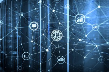 ICT - bilgi ve telekomünikasyon teknolojisi ve çok - Internet şeyler kavramları. Sunucu odası arka simgeleri ile diyagramları. Veri merkezi arka plan