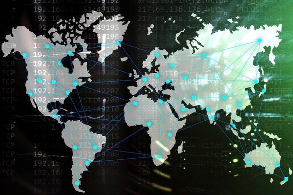 Concepto Internet Telecomunicaciones Con Mapa Del Mundo Fondo Sala Servidores — Foto de Stock