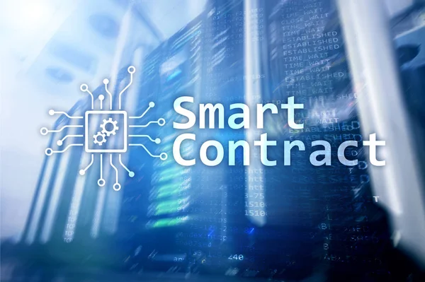 Smart contract, blockchain technology in modern business. Data center background