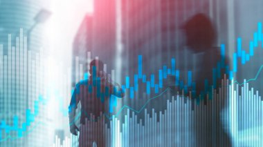 Bulanık ofis merkezi arkaplanındaki borsa şamdanı şeması ve şemalar