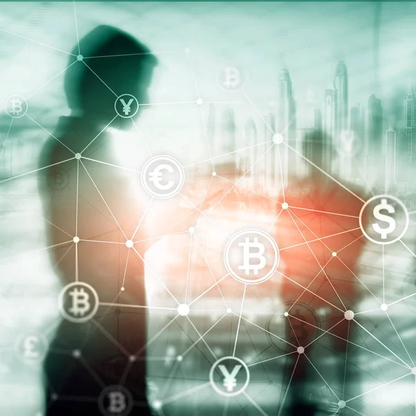 Double Exposure Bitcoin Blockchain Concept Digital Economy Currency Trading — Stock Photo, Image