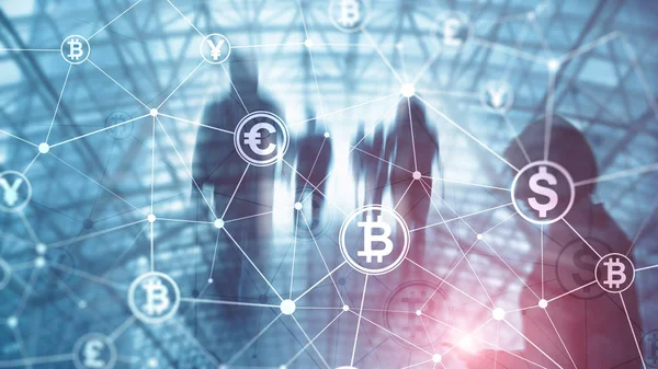 Dvojitá Expozice Bitcoinu Blockchainových Koncept Digitální Ekonomika Měna Obchodování — Stock fotografie