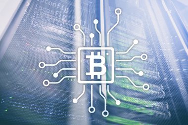 Bitcoin, Blockchain kavramı sunucu Oda arka plan üzerinde. Sunucu odası