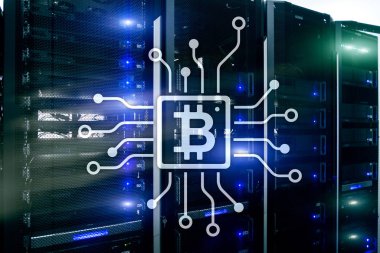 Bitcoin, Blockchain kavramı sunucu Oda arka plan üzerinde. Sunucu odası