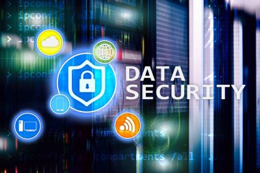 Veri güvenliği, siber suç önleme, dijital bilgi koruma. Kilit kutsal kişilerin resmi ve sunucu Oda arka plan