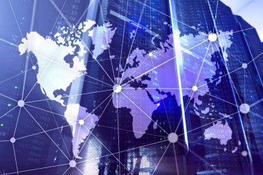 Sunucu odası arka plan üzerinde iletişim ağı ile Dünya Haritası