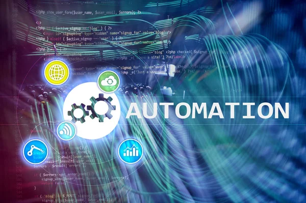 Automation of business Process and innovation technology in manufacturing. Internet and technology concept on server room background.