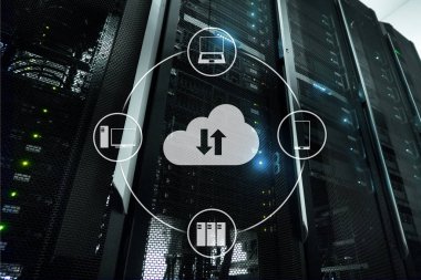 Bulut sunucu ve bilgisayar, veri depolama ve işleme. Internet ve teknoloji kavramı