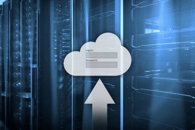 Bulut depolama, veri erişimi, Kullanıcı adı ve şifre talebi penceresini sunucu Oda arka plan üzerinde. Internet ve teknoloji kavramı