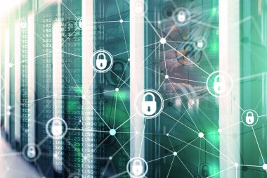 Siber güvenlik, bilgi gizliliği, modern sunucu odası arka planında veri koruma kavramı. İnternet ve dijital teknoloji kavramı