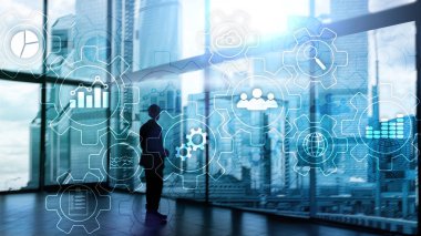 Vites ve simgelerle yapılan iş süreci soyut diyagramı. Çalışma akışı ve otomasyon teknolojisi kavramı.