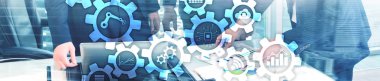 Otomasyon teknolojisi ve akıllı sanayi kavramı bulanık arka plan üzerinde. Dişliler ve simgeler. Web sitesi başlık banner