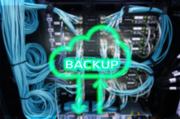Backup Button Modern Server Room Background Data Loss Prevention System — Stock Photo, Image