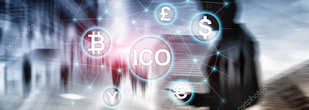ICO - Initial coin offering, Blockchain and cryptocurrency concept on blurred business building background