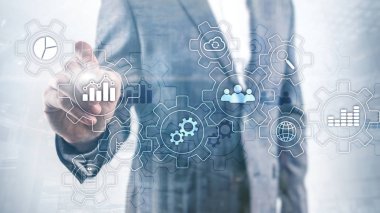 Vites ve simgelerle yapılan iş süreci soyut diyagramı. Çalışma akışı ve otomasyon teknolojisi kavramı.